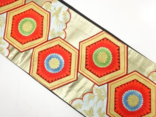 アンティーク　亀甲に花・花鳥模様織り出し袋帯（材料）